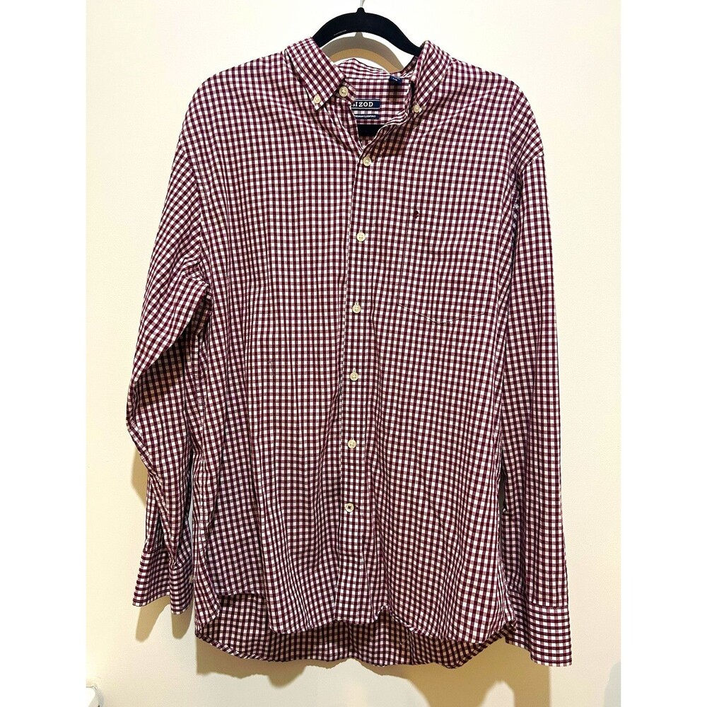 IZOD Men's Checkered L/S Button-Down Shirt Burgundy/White Large